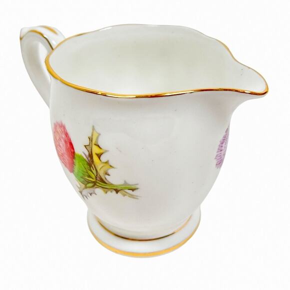 Bone China Mini Creamer Queen Anne Dundee Thistle Gold Trim Scalloped Edge 4 oz - Picture 7 of 11